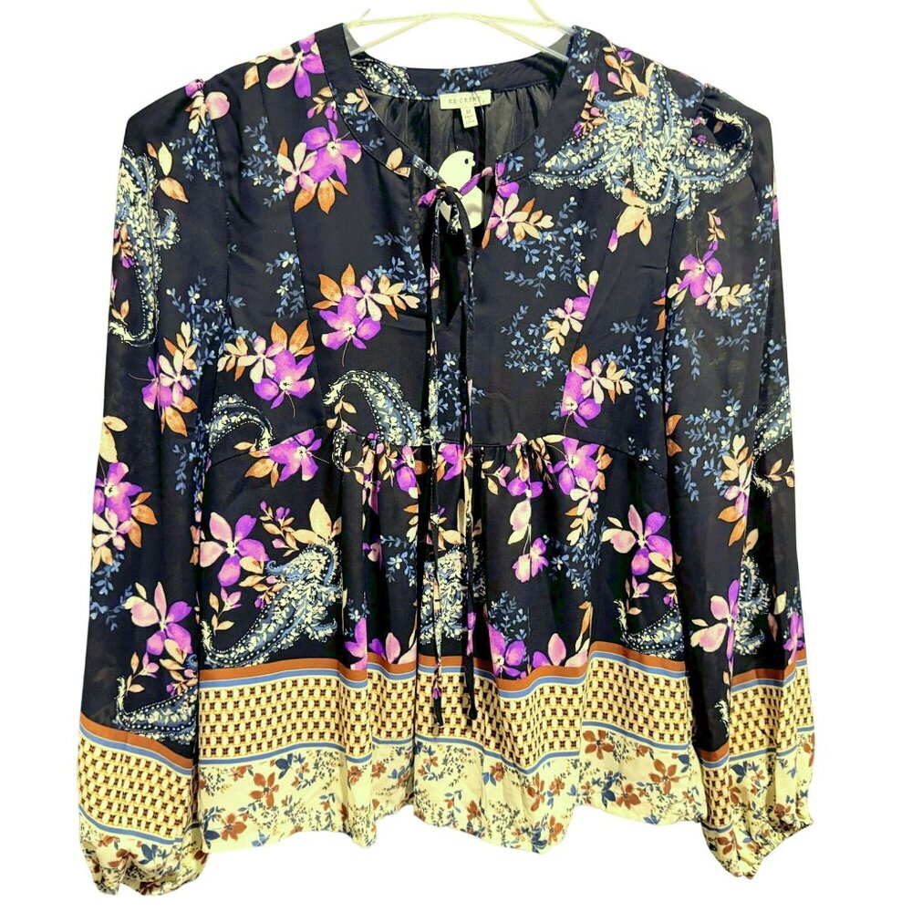 Floral Border Print Multicolor Tunic Top Lined EN CREME Sz M Boho Flowy NEW